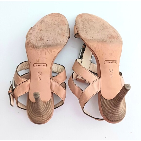 Coach T Strap Tan Leather Sandals Silver Buckle Studs Wood Stiletto Heel Sz 6.5 - Picture 9 of 10